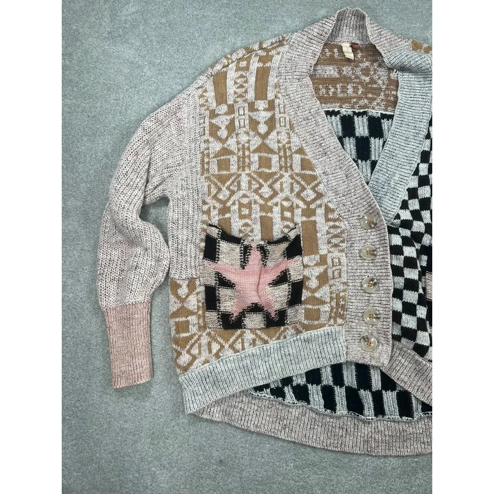 Pilcro Mash Up Sweater Cardigan Anthropologie Mix Patchwork Star Checkerboard S